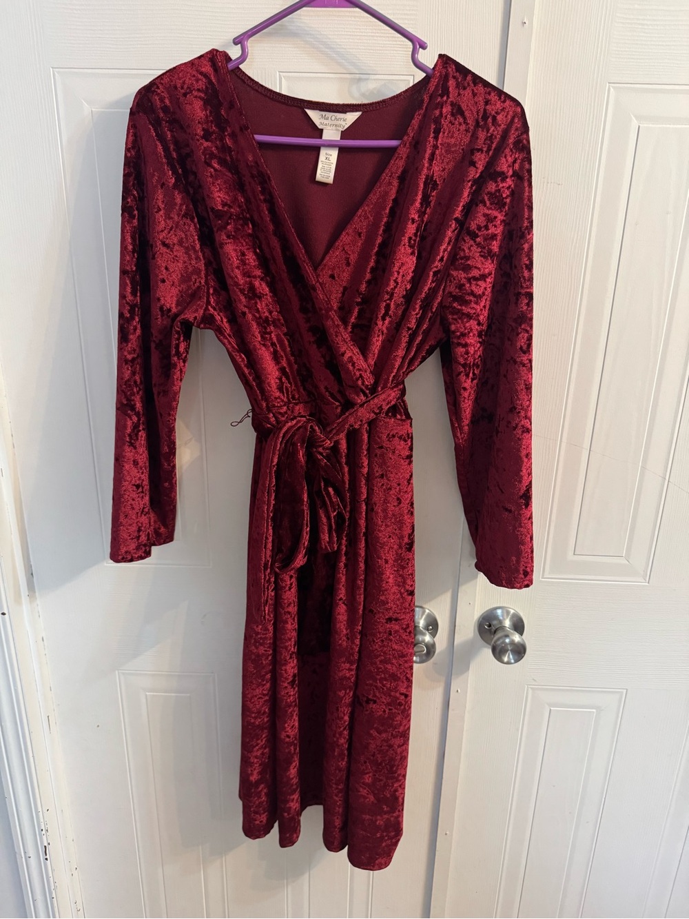 Ma Cherie Velvet Wrap Maternity Dress in Burgundy